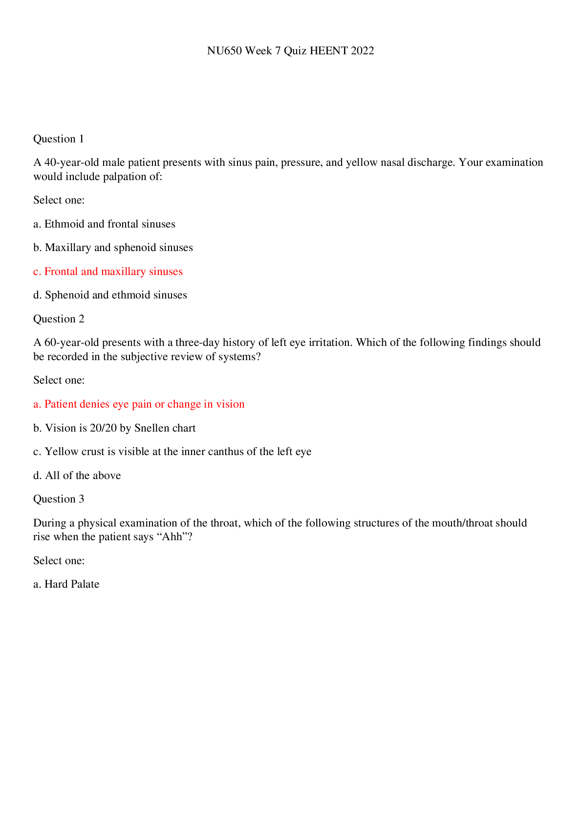 Preview image for NU650 Week 7 Quiz HEENT